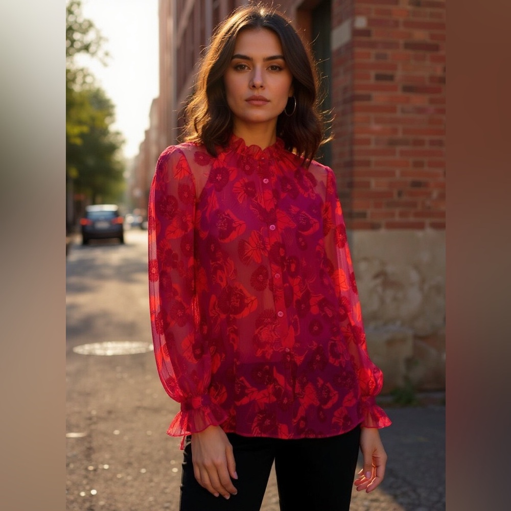 Escada Red Floral Blouse - Picture 1 of 3